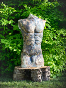 Male figure. Crank clay with oxide and glaze. Approximately 65 cm high. 